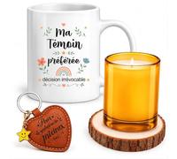 Planetee Coffret Mug Ma Témoin préférée décision irrévocable | Mug Céramique 330 ml, Bougie en Verre, Dessous de Verre Bois, Porte-Clés Cœur | 4 Pièces | Cadeau Anniversaire Noël