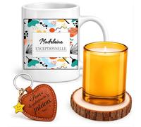 Planetee Coffret Mug Madeleine Exceptionnelle | Céramique 330 ml, Bougie en Verre, Sous-Verre Bois, Porte-Clés Cœur | 4 Pièces | Cadeau Femme Anniversaire Fête Noël Original