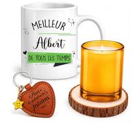 Planetee Coffret Mug Meilleur Albert de Tous les Temps | Céramique 330 ml, Bougie en Verre, Sous-Verre Bois, Porte-Clés Cœur | 4 Pièces | Cadeau Homme Anniversaire Fête Noël Original