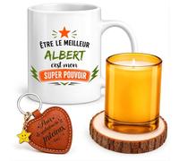 Planetee Coffret Mug Meilleur Albert Super Pouvoir | Céramique 330 ml, Bougie en Verre, Sous-Verre Bois, Porte-Clés Cœur | 4 Pièces | Cadeau Homme Anniversaire Fête Noël Original