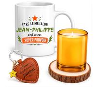 Planetee Coffret Mug Meilleur Jean-Philippe Super Pouvoir | Céramique 330 ml, Bougie en Verre, Sous-Verre Bois, Porte-Clés Cœur | 4 Pièces | Cadeau Homme Anniversaire Fête Noël Original