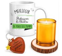 Planetee Coffret Mug Meilleur Professeur de Théâtre de Tous les Temps | Céramique 330 ml, Bougie en Verre, Sous-Verre Bois, Porte-Clés Cœur | 4 Pièces | Cadeau Fin d'Année École Remerciement
