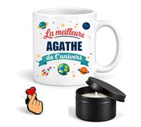 Planetee Coffret Mug Meilleure Agathe Univers | Céramique 330 ml, Bougie Parfumée en Boîte Métal, Pin's Cœur | 3 Pièces | Cadeau Femme Anniversaire Fête Noël Original