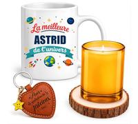 Planetee Coffret Mug Meilleure Astrid Univers | Céramique 330 ml, Bougie en Verre, Sous-Verre Bois, Porte-Clés Cœur | 4 Pièces | Cadeau Femme Anniversaire Fête Noël Original