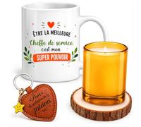 Planetee Coffret Mug Meilleure Cheffe de Service Super Pouvoir | Céramique 330 ml, Bougie en Verre, Sous-Verre Bois, Porte-Clés Cœur | 4 Pièces | Cadeau Collègue Femme Départ Retraite Remerciement