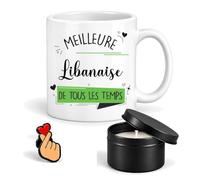 Planetee Coffret Mug Meilleure Libanaise de Tous les Temps | Céramique 330 ml, Bougie Parfumée en Boîte Métal, Pin's Cœur | 3 Pièces | Cadeau Noël Femme Anniversaire Fête Original