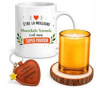 Planetee Coffret Mug Meilleure Maréchale Ferrante Super Pouvoir | Céramique 330 ml, Bougie en Verre, Sous-Verre Bois, Porte-Clés Cœur | 4 Pièces | Cadeau Collègue Femme Départ Retraite Remerciement