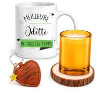 Planetee Coffret Mug Meilleure Odette de Tous les Temps | Céramique 330 ml, Bougie en Verre, Sous-Verre Bois, Porte-Clés Cœur | 4 Pièces | Cadeau Femme Anniversaire Fête Noël Original