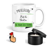 Planetee Coffret Mug Meilleure Prof de Théâtre de Tous les Temps | Céramique 330 ml, Bougie Parfumée en Boîte Métal, Pin's Cœur | 3 Pièces | Cadeau Fin d'Année École Remerciement