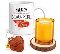 Planetee Coffret Mug Merci Beau-Père Génial | Mug Céramique 330 ml, Bougie en Verre, Dessous de Verre Bois, Porte-Clés Cœur | 4 Pièces | Cadeau Fête des Pères Anniversaire Noël