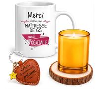 Planetee Coffret Mug Merci Maîtresse de Gs Géniale | Céramique 330 ml, Bougie en Verre, Sous-Verre Bois, Porte-Clés Cœur | 4 Pièces | Cadeau Fin d'Année École Remerciement