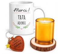 Planetee Coffret Mug Merci ! Tata adorée | Mug Céramique 330 ml, Bougie en Verre, Dessous de Verre Bois, Porte-Clés Cœur | 4 Pièces | Cadeau Anniversaire Noël