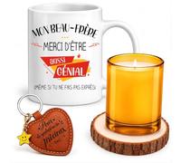 Planetee Coffret Mug Mon Beau-Frère… merci d'être aussi génial (même si tu ne fais pas exprès) | Mug Céramique 330 ml, Bougie en Verre, Dessous de Verre Bois, Porte-Clés Cœur | 4 Pièces