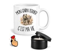Planetee Coffret Mug Mon Cairn Terrier c'est ma Vie | Céramique 330 ml, Bougie Parfumée en Boîte Métal, Pin's Cœur | 3 Pièces | Cadeau Noël Passionné Humour Original Anniversaire
