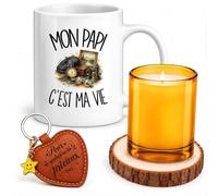 Planetee Coffret Mug Mon Papi c'est ma vie | Mug Céramique 330 ml, Bougie en Verre, Dessous de Verre Bois, Porte-Clés Cœur | 4 Pièces | Cadeau Anniversaire Noël