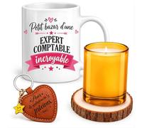 Planetee Coffret Mug Petit Bazar d'une Expert Comptable Incroyable | Céramique 330 ml, Bougie en Verre, Sous-Verre Bois, Porte-Clés Cœur | 4 Pièces | Cadeau Noël Collègue Femme Départ Retraite