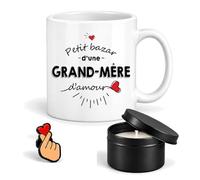 Planetee Coffret Mug Petit Bazar d'une Grand-Mère d'Amour | Mug Céramique 330 ml, Bougie Parfumée en Boîte Métal, Pin's Cœur | 3 Pièces | Cadeau Noël Fête des Grands-Mères Anniversaire