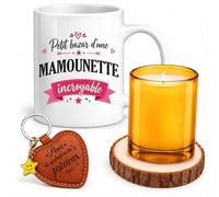 Planetee Coffret Mug Petit bazar d'une Mamounette incroyable | Mug Céramique 330 ml, Bougie en Verre, Dessous de Verre Bois, Porte-Clés Cœur | 4 Pièces | Cadeau Anniversaire Noël