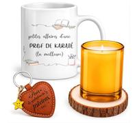 Planetee Coffret Mug Petites Affaires d'une Prof de Karaté | Céramique 330 ml, Bougie en Verre, Sous-Verre Bois, Porte-Clés Cœur | 4 Pièces | Cadeau Fin d'Année École Remerciement