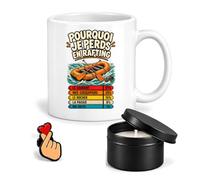 Planetee Coffret Mug Pourquoi je Perds en Rafting | Céramique 330 ml, Bougie Parfumée en Boîte Métal, Pin's Cœur | 3 Pièces | Cadeau Noël Passionné Humour Original Anniversaire