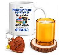Planetee Coffret Mug Professeure des Écoles Impossible à Oublier | Céramique 330 ml, Bougie en Verre, Sous-Verre Bois, Porte-Clés Cœur | 4 Pièces | Cadeau Fin d'Année École Remerciement