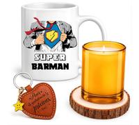 Planetee Coffret Mug Super Barman | Céramique 330 ml, Bougie en Verre, Sous-Verre Bois, Porte-Clés Cœur | 4 Pièces | Cadeau Collègue Homme Départ Retraite Remerciement