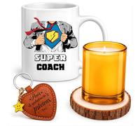 Planetee Coffret Mug Super Coach | Céramique 330 ml, Bougie en Verre, Sous-Verre Bois, Porte-Clés Cœur | 4 Pièces | Cadeau Collègue Homme Départ Retraite Remerciement
