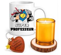 Planetee Coffret Mug Super Professeur | Céramique 330 ml, Bougie en Verre, Sous-Verre Bois, Porte-Clés Cœur | 4 Pièces | Cadeau Fin d'Année École Remerciement