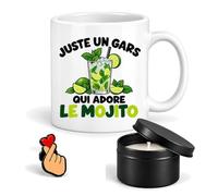 Planetee Coffret Mug Un Gars qui Adore le Mojito | Céramique 330 ml, Bougie Parfumée en Boîte Métal, Pin's Cœur | 3 Pièces | Cadeau Homme Passionné Humour Original Anniversaire