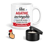 Planetee Coffret Mug Une Agathe Incroyable | Céramique 330 ml, Bougie Parfumée en Boîte Métal, Pin's Cœur | 3 Pièces | Cadeau Femme Anniversaire Fête Noël Original