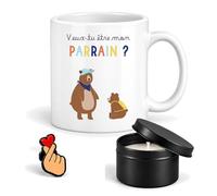 Planetee Coffret Mug Veux-tu être mon Parrain ? | Mug Céramique 330 ml, Bougie Parfumée en Boîte Métal, Pin's Cœur | 3 Pièces | Cadeau Anniversaire Noël