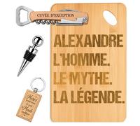 Planetee Coffret Planche à Découper Alexandre Mythe Légende | Bambou Gravé, Tire-Bouchon, Bouchon à Vin, Porte-Clés, 4 Pièces, Cadeau Noël Homme Anniversaire Fête Original