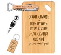 Planetee Coffret Planche à Découper Bonne Chance Jean-Claude | Bambou Gravé, Tire-Bouchon, Bouchon à Vin, Porte-Clés | 4 Pièces | Cadeau Noël Homme Anniversaire Fête Original