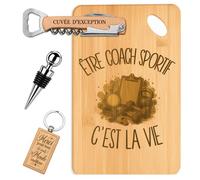 Planetee Coffret Planche à Découper Être Coach Sportif c'est la Vie | Bambou Gravé, Tire-Bouchon, Bouchon à Vin, Porte-Clés | 4 Pièces | Cadeau Noël Collègue Homme Départ Retraite Remerciement