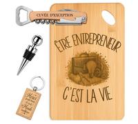 Planetee Coffret Planche à Découper Être Entrepreneur c'est la Vie | Bambou Gravé, Tire-Bouchon, Bouchon à Vin, Porte-Clés | 4 Pièces | Cadeau Noël Collègue Homme Départ Retraite Remerciement