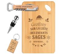 Planetee Coffret Planche à Découper Geoffrey sur la liste des enfants sages… enfin presque | Bambou Gravé, Tire-Bouchon, Bouchon à Vin, Porte-Clés | 4 Pièces | Cadeau Noël Homme Anniversaire