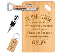 Planetee Coffret Planche à Découper Jean-Claude aussi Génial | Bambou Gravé, Tire-Bouchon, Bouchon à Vin, Porte-Clés | 4 Pièces | Cadeau Noël Homme Anniversaire Fête Original