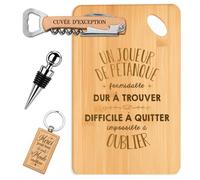 Planetee Coffret Planche à Découper Joueur de Pétanque Impossible à Oublier | Bambou Gravé, Tire-Bouchon, Bouchon à Vin, Porte-Clés | 4 Pièces | Cadeau Noël Homme Passionné Humour Original