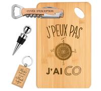 Planetee Coffret Planche à Découper J'peux pas J'ai Course d'orientation | Bambou Gravé, Tire-Bouchon, Bouchon à Vin, Porte-Clés | 4 Pièces | Cadeau Noël Homme Passionné Humour Original Anniversaire