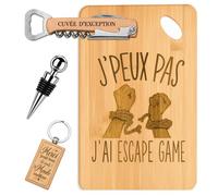 Planetee Coffret Planche à Découper J'peux pas J'ai Escape Game | Bambou Gravé, Tire-Bouchon, Bouchon à Vin, Porte-Clés | 4 Pièces | Cadeau Noël Homme Passionné Humour Original Anniversaire