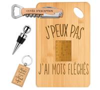 Planetee Coffret Planche à Découper J'peux pas J'ai Mots Fléchés | Bambou Gravé, Tire-Bouchon, Bouchon à Vin, Porte-Clés | 4 Pièces | Cadeau Noël Homme Passionné Humour Original Anniversaire