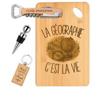 Planetee Coffret Planche à Découper La Géographie c'est la Vie | Bambou Gravé, Tire-Bouchon, Bouchon à Vin, Porte-Clés | 4 Pièces | Cadeau Noël Homme Passionné Humour Original Anniversaire