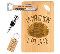 Planetee Coffret Planche à Découper La Méditation c'est la Vie | Bambou Gravé, Tire-Bouchon, Bouchon à Vin, Porte-Clés, 4 Pièces, Cadeau Noël Homme Passionné Humour Original Anniversaire