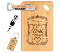 Planetee Coffret Planche à Découper Marceau, la magie de Noël c'est toi | Bambou Gravé, Tire-Bouchon, Bouchon à Vin, Porte-Clés | 4 Pièces | Cadeau Noël Homme Anniversaire Fête Original