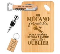 Planetee Coffret Planche à Découper Mécano Impossible à Oublier Homme | Bambou Gravé, Tire-Bouchon, Bouchon à Vin, Porte-Clés | 4 Pièces | Cadeau Noël Collègue Départ Retraite Remerciement