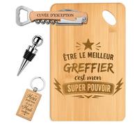 Planetee Coffret Planche à Découper Meilleur Greffier Super Pouvoir | Bambou Gravé, Tire-Bouchon, Bouchon à Vin, Porte-Clés, 4 Pièces, Cadeau Noël Collègue Homme Départ Retraite Remerciement