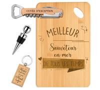 Planetee Coffret Planche à Découper Meilleur Sauveteur en Mer de Tous les Temps | Bambou Gravé, Tire-Bouchon, Bouchon à Vin, Porte-Clés | 4 Pièces | Cadeau Noël Collègue Homme Départ Retraite