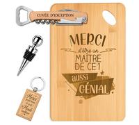 Planetee Coffret Planche à Découper Merci Maître de Ce1 Génial | Bambou Gravé, Tire-Bouchon, Bouchon à Vin, Porte-Clés | 4 Pièces | Cadeau Noël Fin d'Année École Remerciement