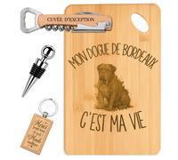 Planetee Coffret Planche à Découper Mon Dogue de Bordeaux c'est ma Vie | Bambou Gravé, Tire-Bouchon, Bouchon à Vin, Porte-Clés | 4 Pièces | Cadeau Noël Homme Passionné Humour Original Anniversaire