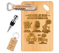 Planetee Coffret Planche à Découper Mots Croisés Temps Libre | Bambou Gravé, Tire-Bouchon, Bouchon à Vin, Porte-Clés | 4 Pièces | Cadeau Noël Homme Passionné Humour Original Anniversaire